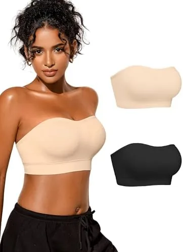 cuteio strapless bras for women 2 pieces non slip silicone padded bandeau bra with free clear straps wireless tube top bralette for wedding party dress black and nude